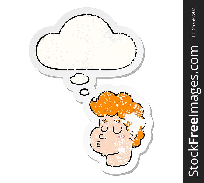 cartoon male face with thought bubble as a distressed worn sticker