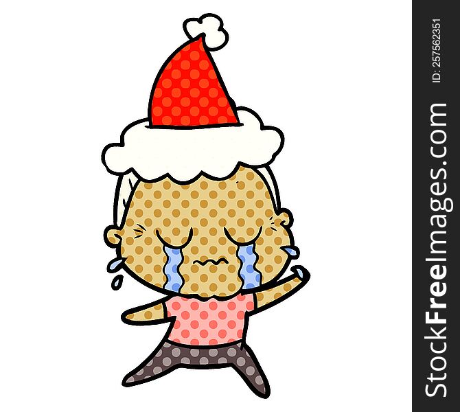 hand drawn comic book style illustration of a crying old lady wearing santa hat