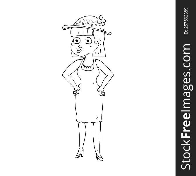 freehand drawn black and white cartoon woman wearing sun hat