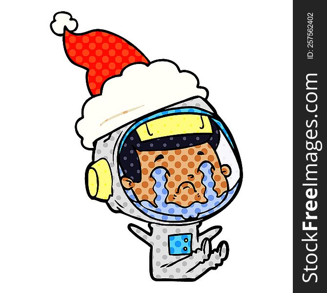 hand drawn comic book style illustration of a crying astronaut wearing santa hat