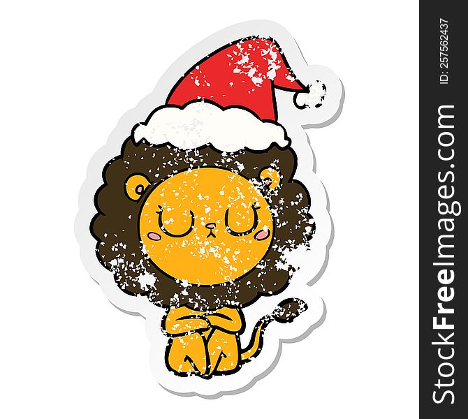 Distressed Sticker Cartoon Of A Lion Wearing Santa Hat