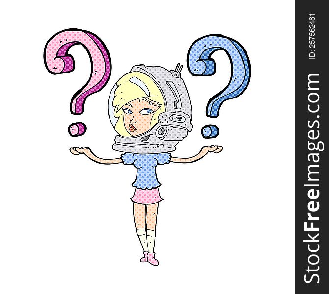 cartoon woman in astronaut helmet asking questions. cartoon woman in astronaut helmet asking questions