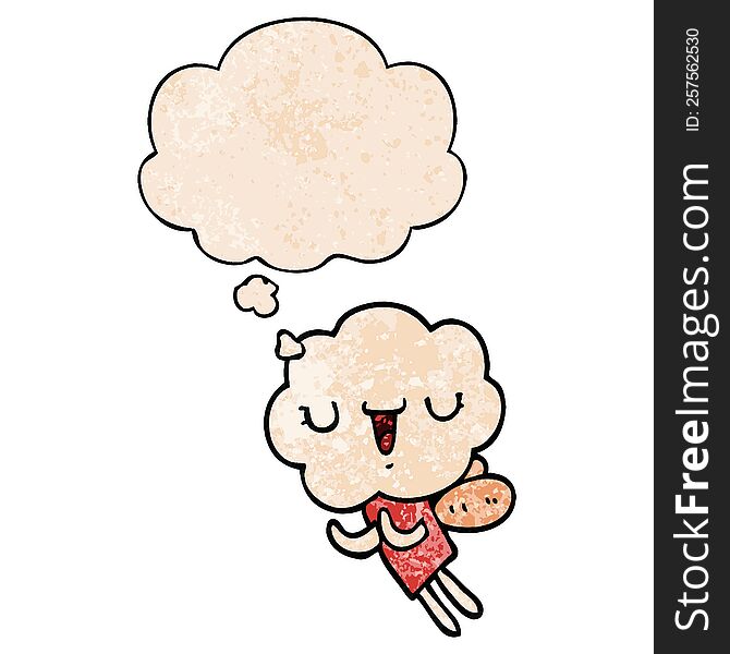 Cute Cartoon Cloud Head Creature And Thought Bubble In Grunge Texture Pattern Style