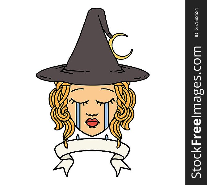 Crying Human Witch With Banner Illustration