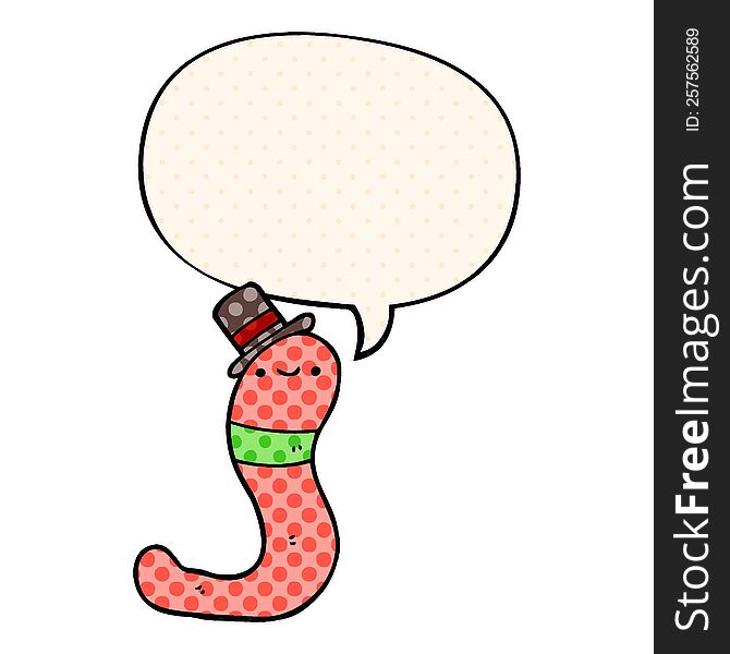 Cute Cartoon Worm And Speech Bubble In Comic Book Style