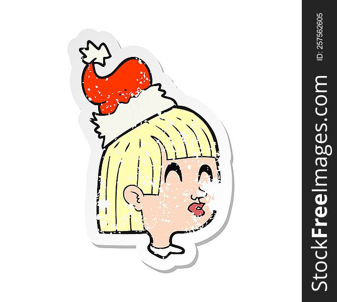 Retro Distressed Sticker Of A Cartoon Girl Wearing Santa Hat