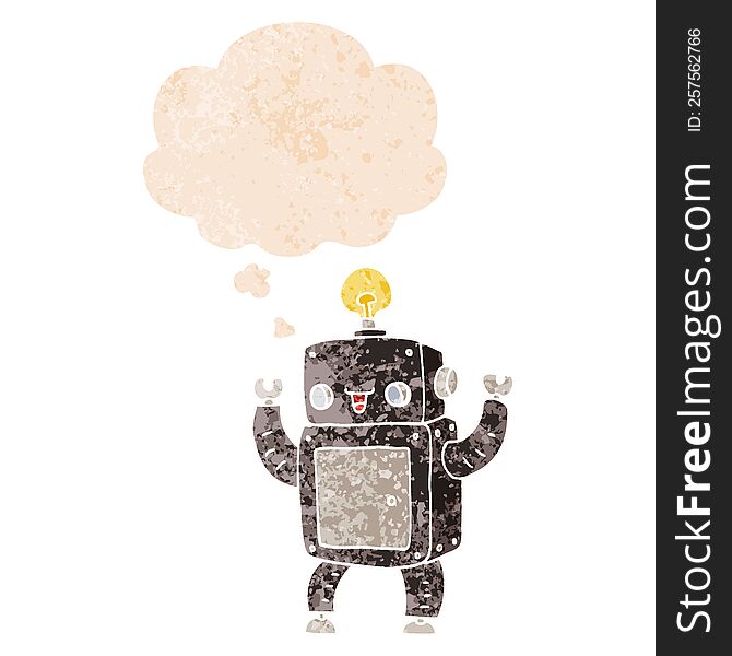 Cartoon Happy Robot And Thought Bubble In Retro Textured Style