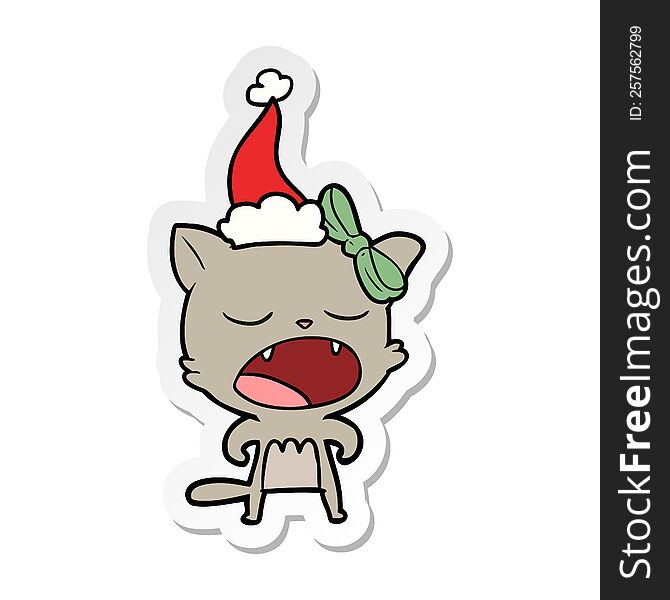 hand drawn sticker cartoon of a cat meowing wearing santa hat