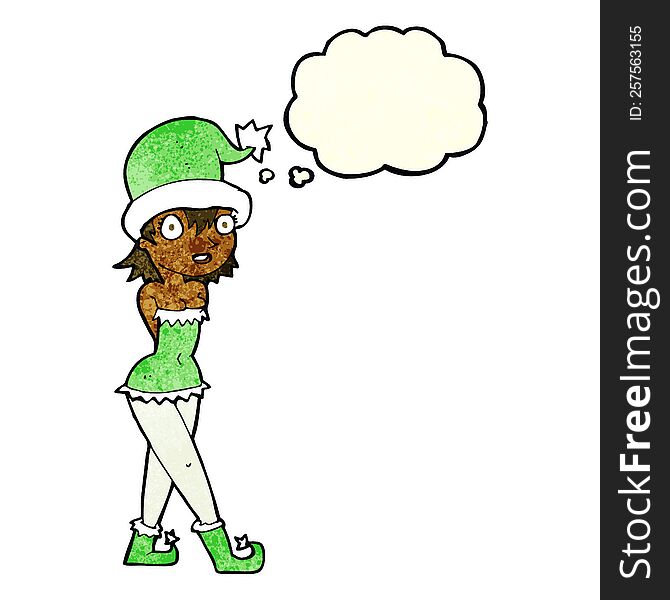 cartoon woman in christmas elf costume with thought bubble