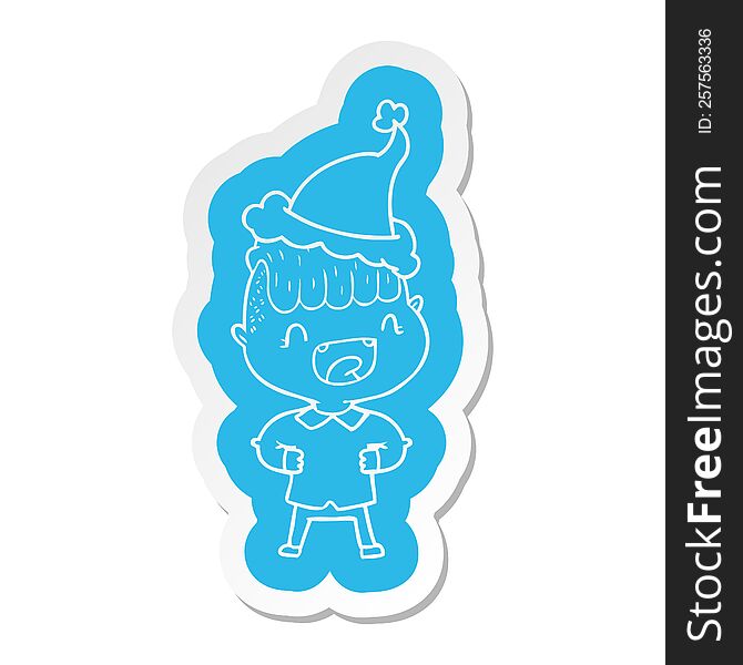 quirky cartoon  sticker of a happy boy laughing wearing santa hat