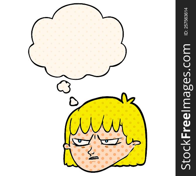 cartoon angry woman with thought bubble in comic book style