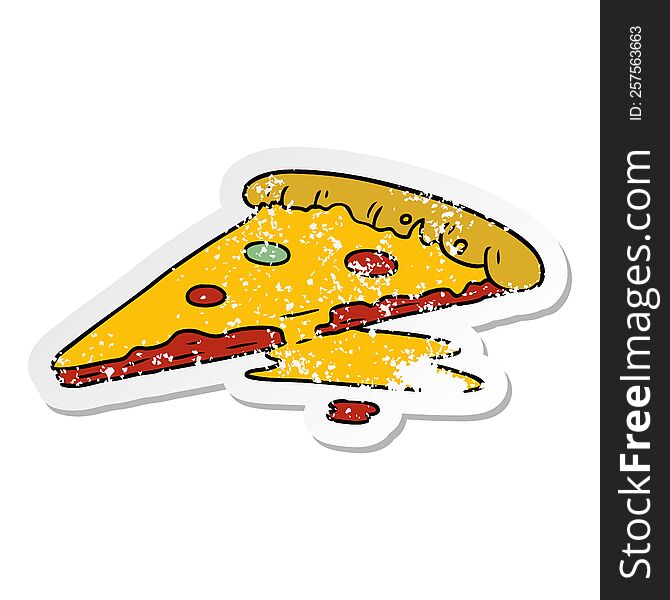 distressed sticker cartoon doodle of a slice of pizza