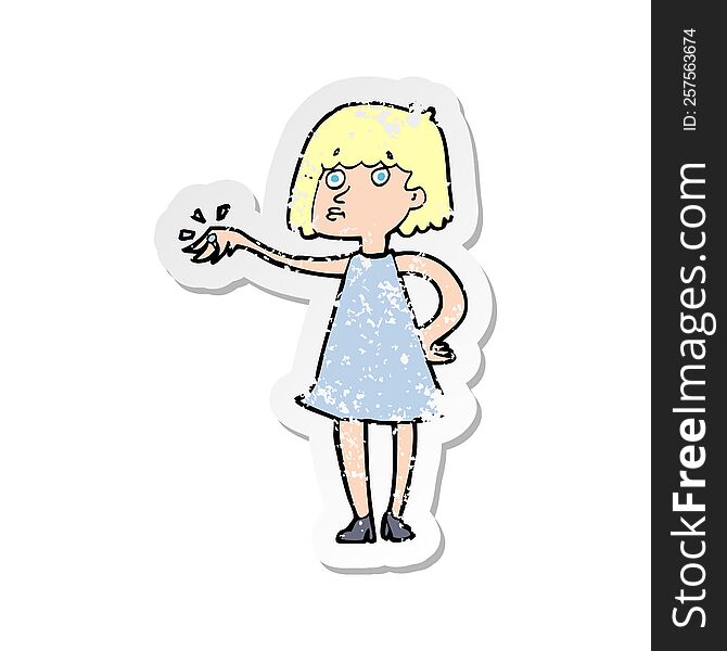 retro distressed sticker of a cartoon woman showing off engagement ring