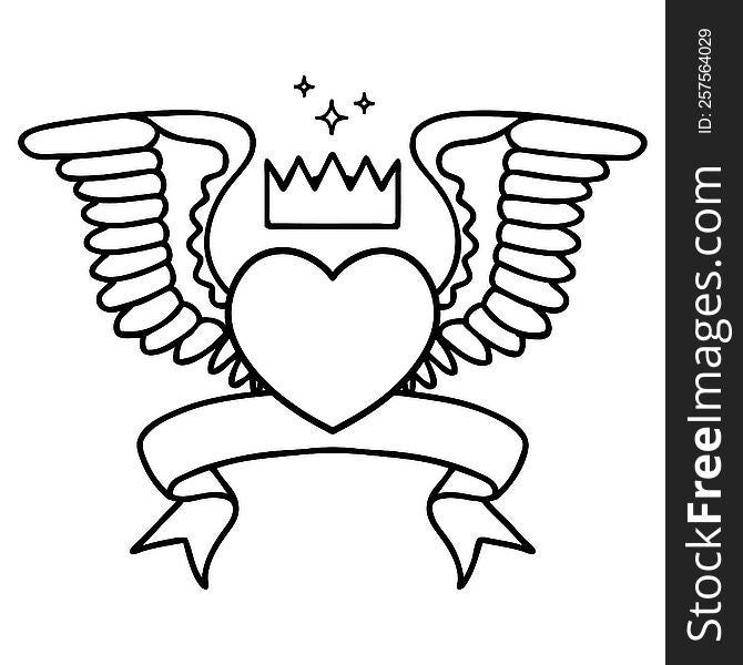 Black Linework Tattoo With Banner Of A Heart With Wings