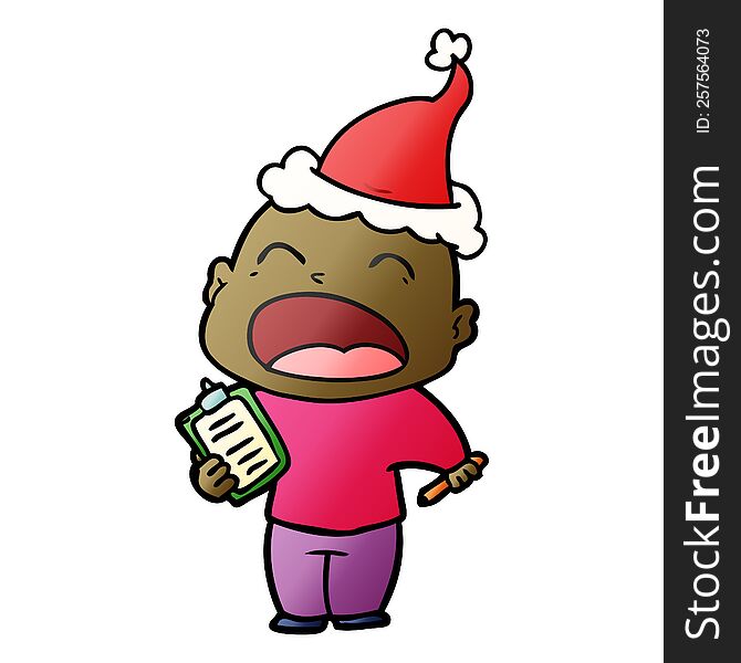 Gradient Cartoon Of A Shouting Bald Man Wearing Santa Hat