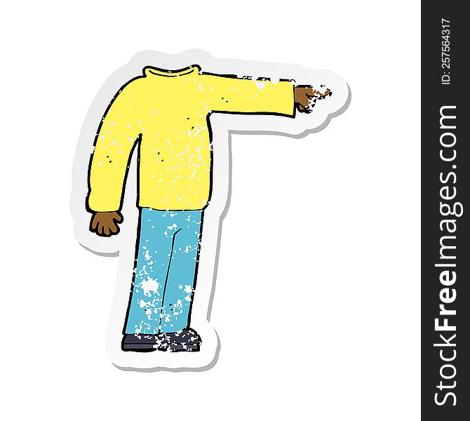 retro distressed sticker of a cartoon headless man pointing