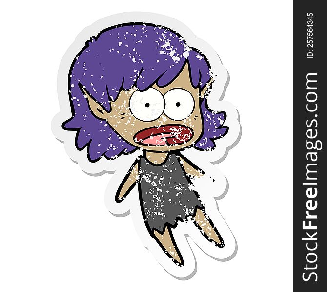 distressed sticker of a cartoon shocked elf girl flying