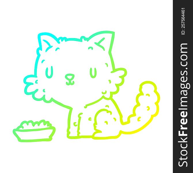 cold gradient line drawing of a cute cartoon cat and food