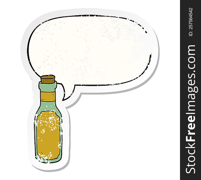 cartoon potion bottle with speech bubble distressed distressed old sticker. cartoon potion bottle with speech bubble distressed distressed old sticker