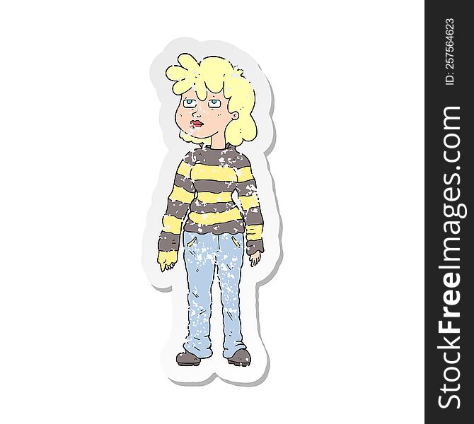 retro distressed sticker of a cartoon woman in casual clothes