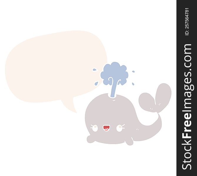 cute cartoon whale with speech bubble in retro style