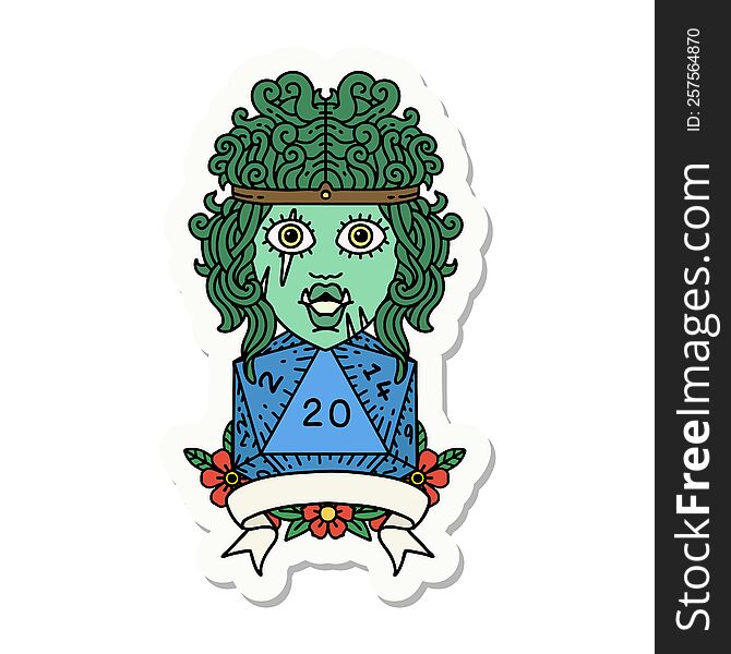 sticker of a half orc barbarian character with natural 20 dice roll. sticker of a half orc barbarian character with natural 20 dice roll