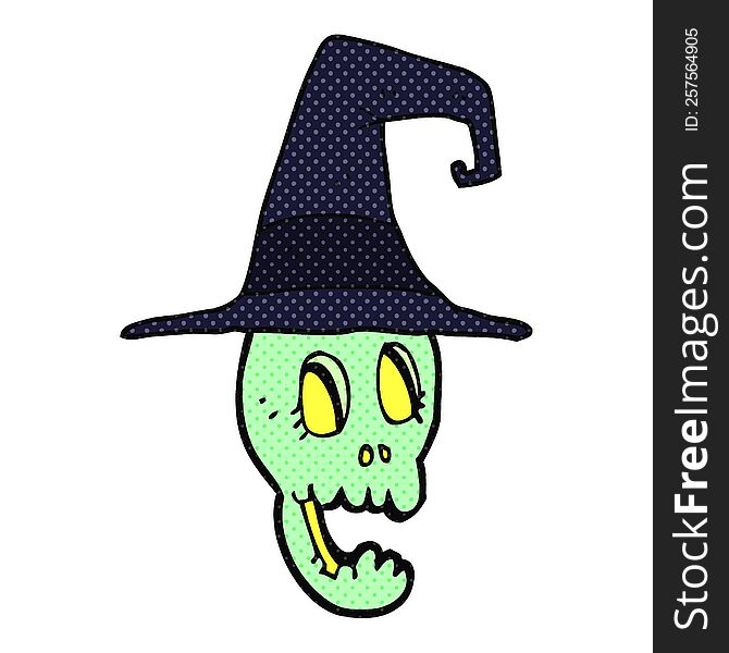 Comic Book Style Cartoon Skull Wearing Witch Hat