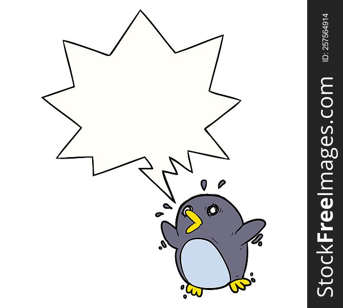 Cartoon Frightened Penguin And Speech Bubble