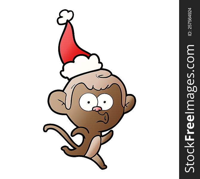 hand drawn gradient cartoon of a surprised monkey wearing santa hat