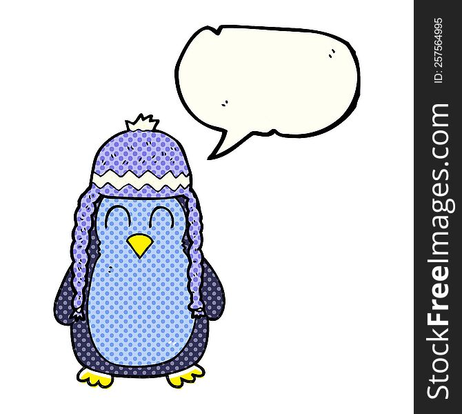 Comic Book Speech Bubble Cartoon Penguin Wearing Hat