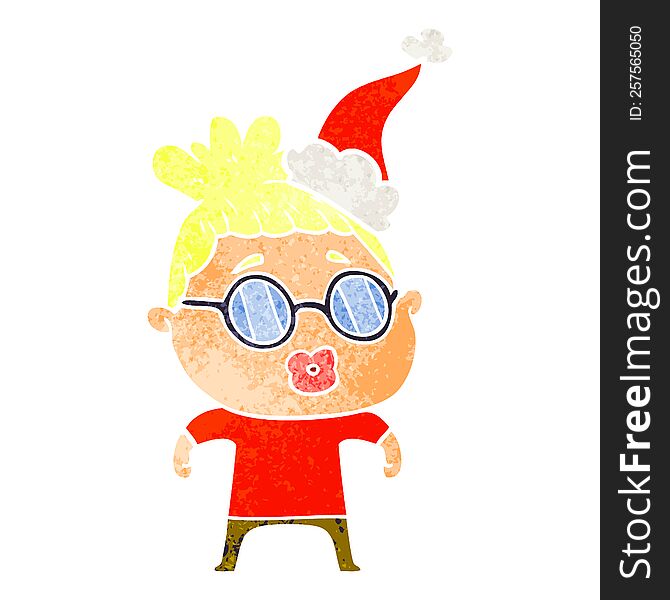 hand drawn retro cartoon of a woman wearing spectacles wearing santa hat