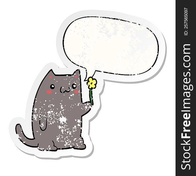 Cute Cartoon Cat And Speech Bubble Distressed Sticker