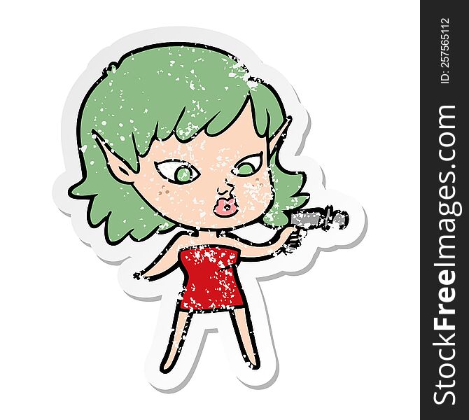 distressed sticker of a pretty cartoon girl with ray gun
