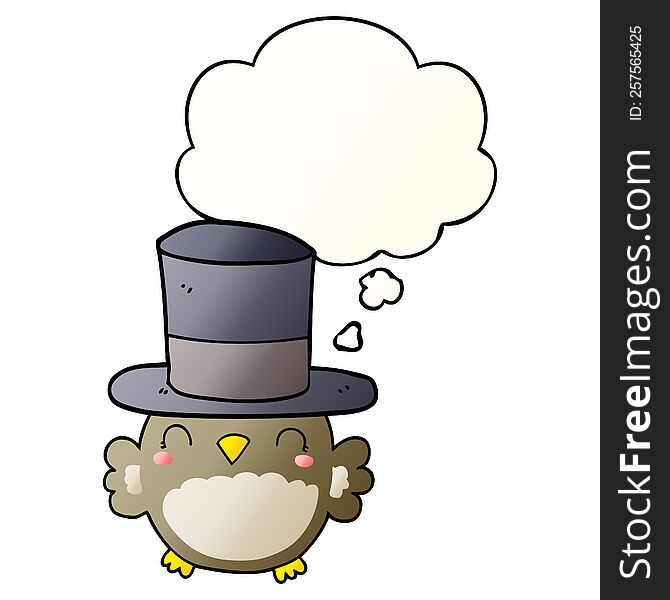 cartoon owl wearing top hat and thought bubble in smooth gradient style