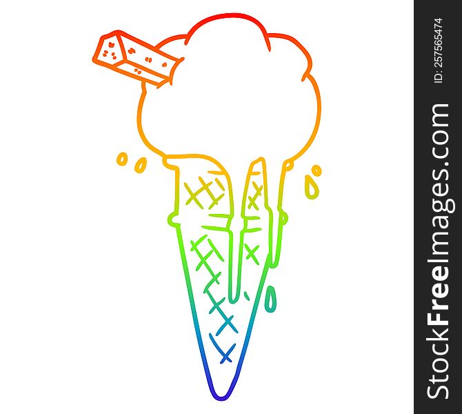 rainbow gradient line drawing of a cartoon ice cream melting