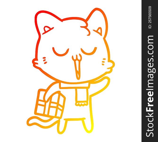 warm gradient line drawing of a cartoon cat with gift