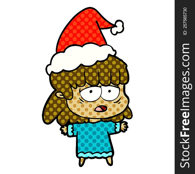 Comic Book Style Illustration Of A Tired Woman Wearing Santa Hat