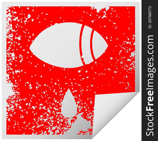 distressed square peeling sticker symbol of a crying eye looking to one side