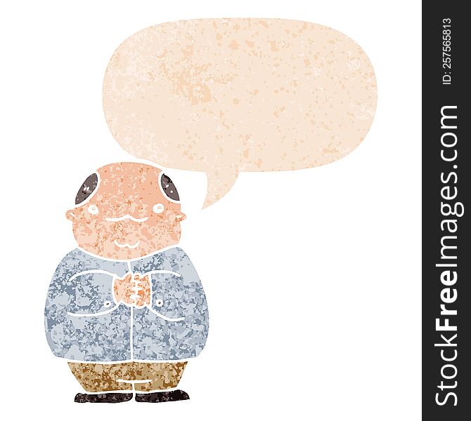 cartoon balding man and speech bubble in retro textured style