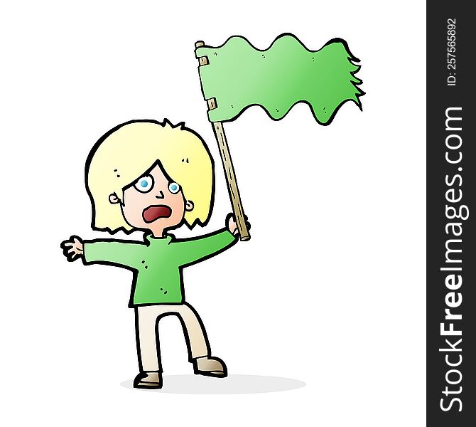 Cartoon Woman Waving Green Flag