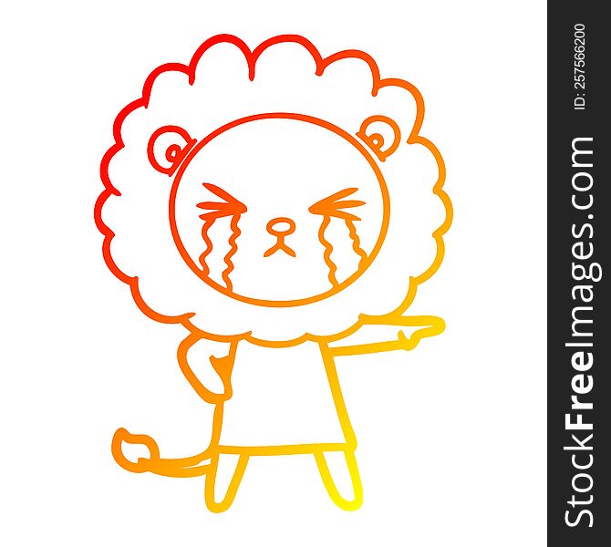 warm gradient line drawing of a cartoon crying lion wearing dress