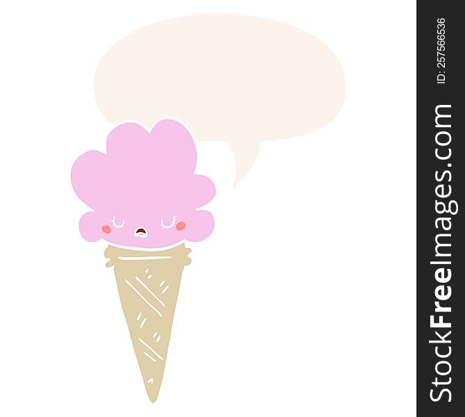 cartoon ice cream with face with speech bubble in retro style. cartoon ice cream with face with speech bubble in retro style