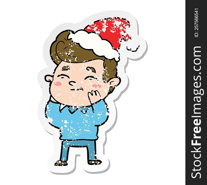 Happy Distressed Sticker Cartoon Of A Man Wearing Santa Hat