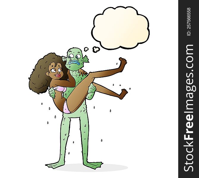 cartoon swamp monster carrying woman in bikini with thought bubble