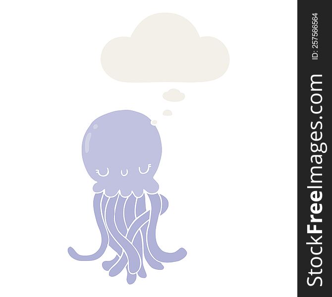 Cute Cartoon Jellyfish And Thought Bubble In Retro Style
