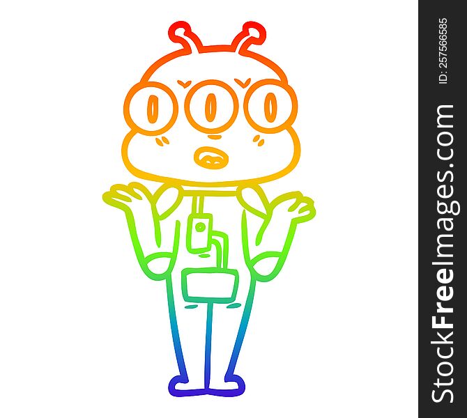 rainbow gradient line drawing of a cartoon three eyed alien shrugging