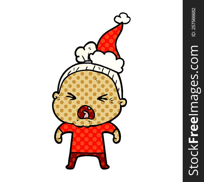 Comic Book Style Illustration Of A Angry Old Woman Wearing Santa Hat