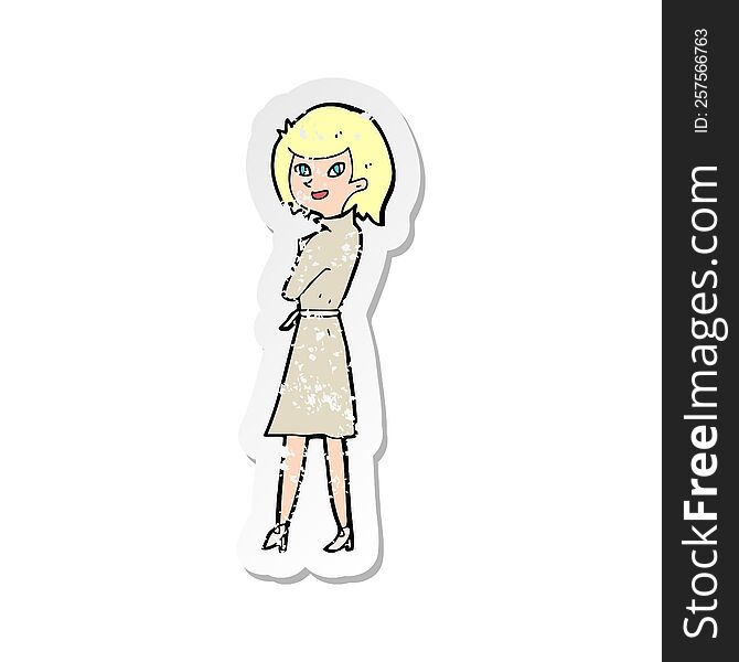 retro distressed sticker of a cartoon woman in trench coat