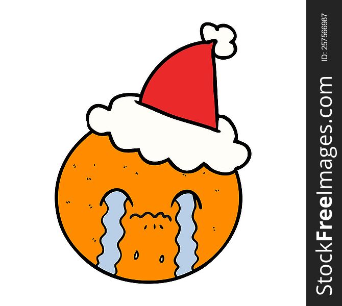 hand drawn line drawing of a orange wearing santa hat