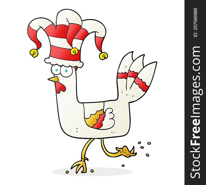 freehand drawn cartoon chicken running in funny hat